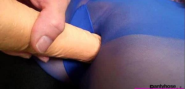  Slim teen in blue nylon tights toys herself